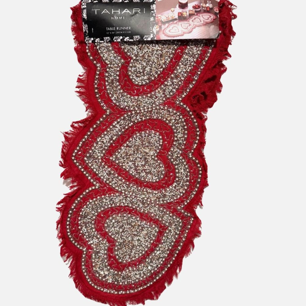 Tahari Red Beaded Sequins Silver Heart Table Runner Centerpiece Fringe Valentine